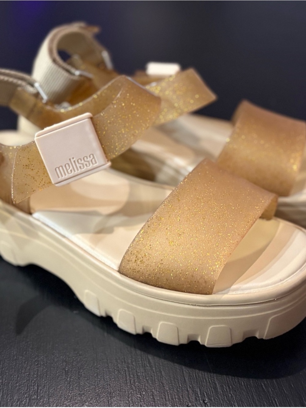 Melissa Kick Off Platform Sandals in Beige, Light Pink and Gold Glitter